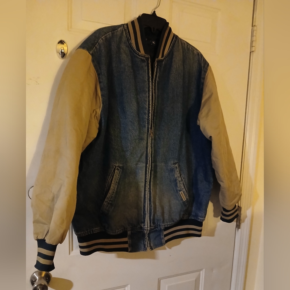 VTG Dickies XL Varsity Denim Jacket W/ Tan Sleeves (012526A)